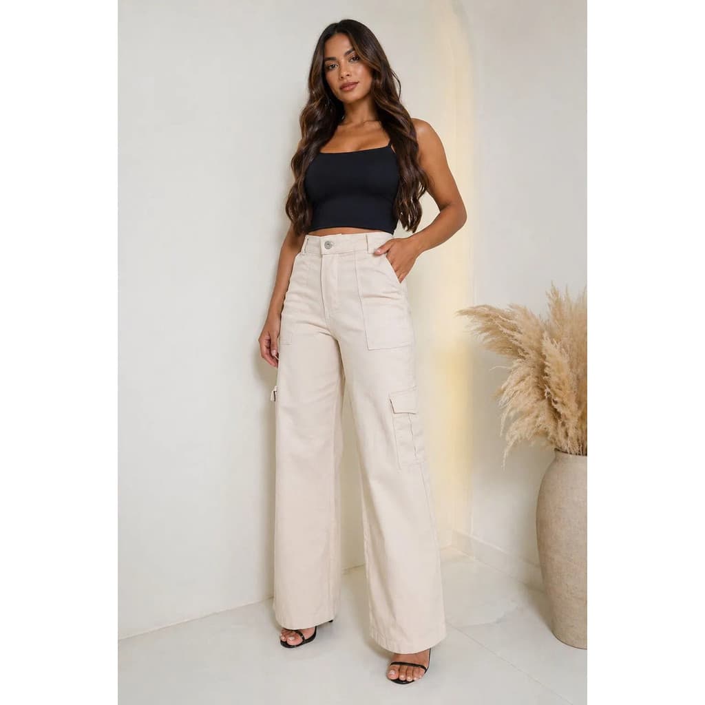 Calça Wide Leg Feminina Bolso Cargo Sarja Off White 8607