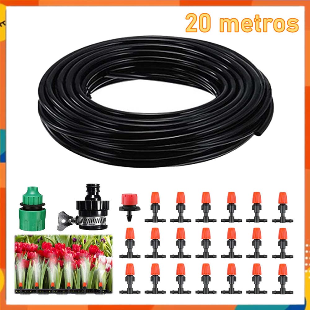 Sistema de irrigação por gotejamento de 20 m, regador de jardim, com 20 bicos, 1 junta Universal