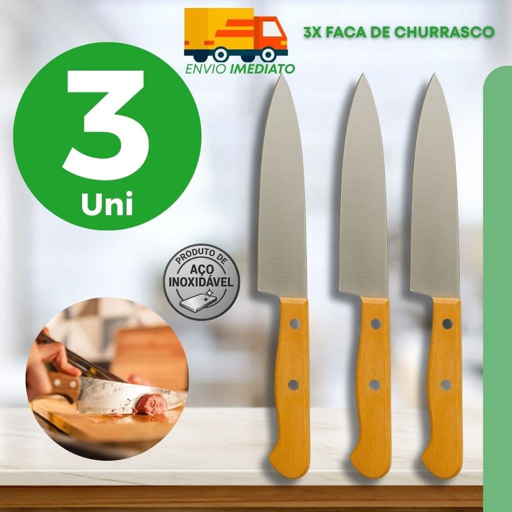 Faca Churrasco Aço Inoxidável Cabo Madeira Carnes Churrasqueira Chef Profissional Afiada Ergonômica