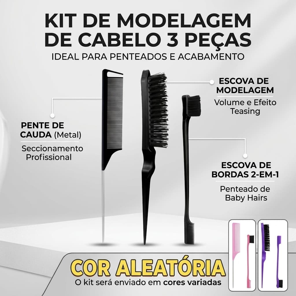 Kit 3 em 1 Penteado Diário Escova + Pente de Rato + Pincel Duplo de Sobrancelha Acessório de Beleza