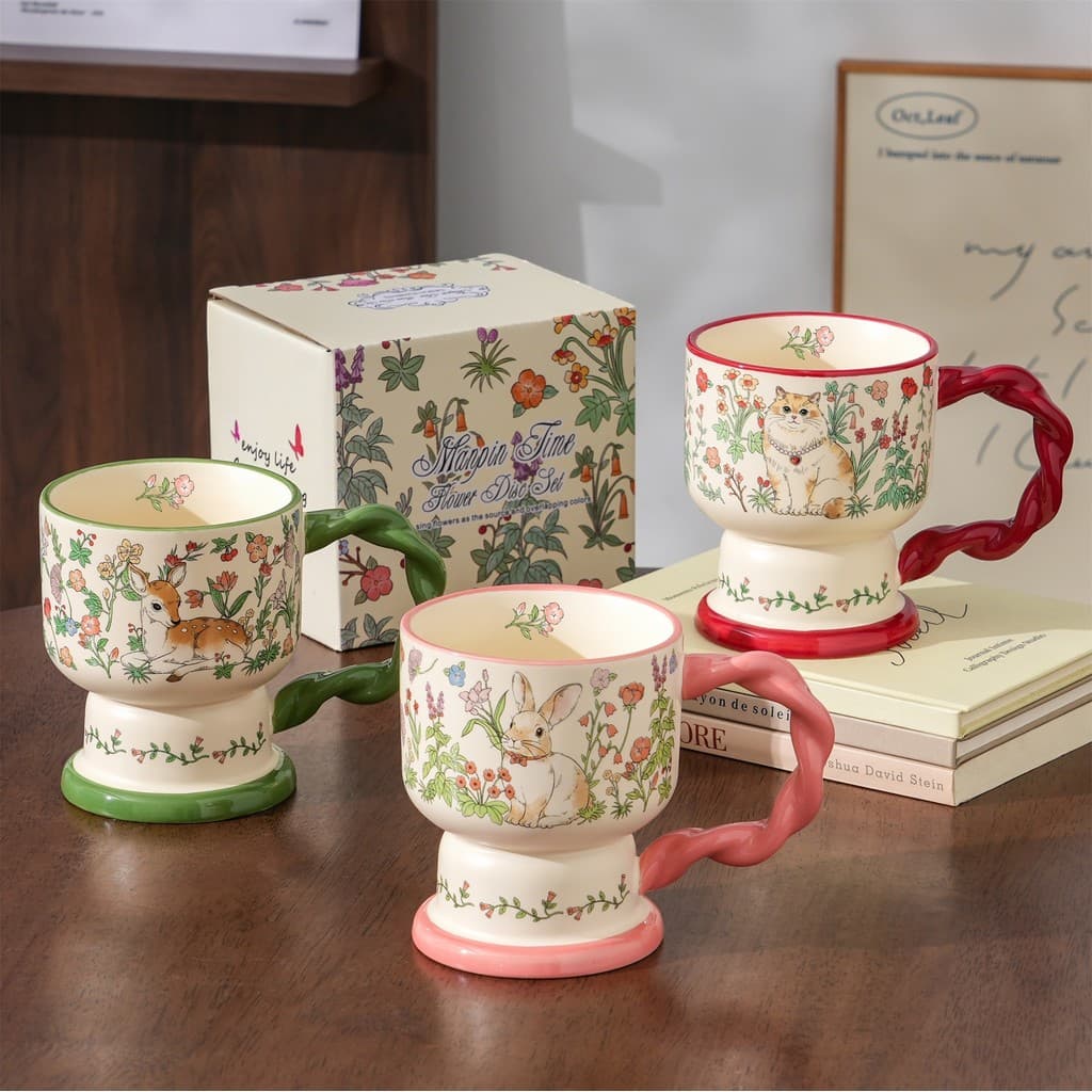 Caneca de cerâmica estilo Pastoral francês, flor Animal, com caixa de presente, casal de alto valor, copo de café da man
