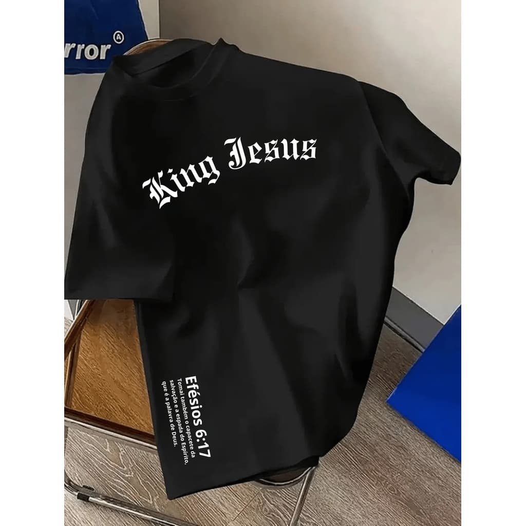 Camiseta T-Shirt 100% Camisa Algodão Estampada King Jesus Estilo Casual
