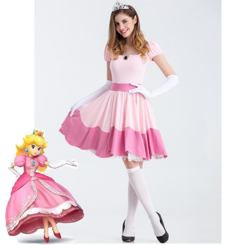Mulheres Traje De Halloween Rosa Vestidos De Princesa Jogo Mary Mario Menina Festa Cosplay Vestido