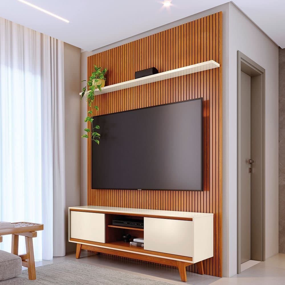 Rack com Painel para TV até 65 Polegadas MDF 179cmx244cm Frisado Milo Cinamomo/Off White