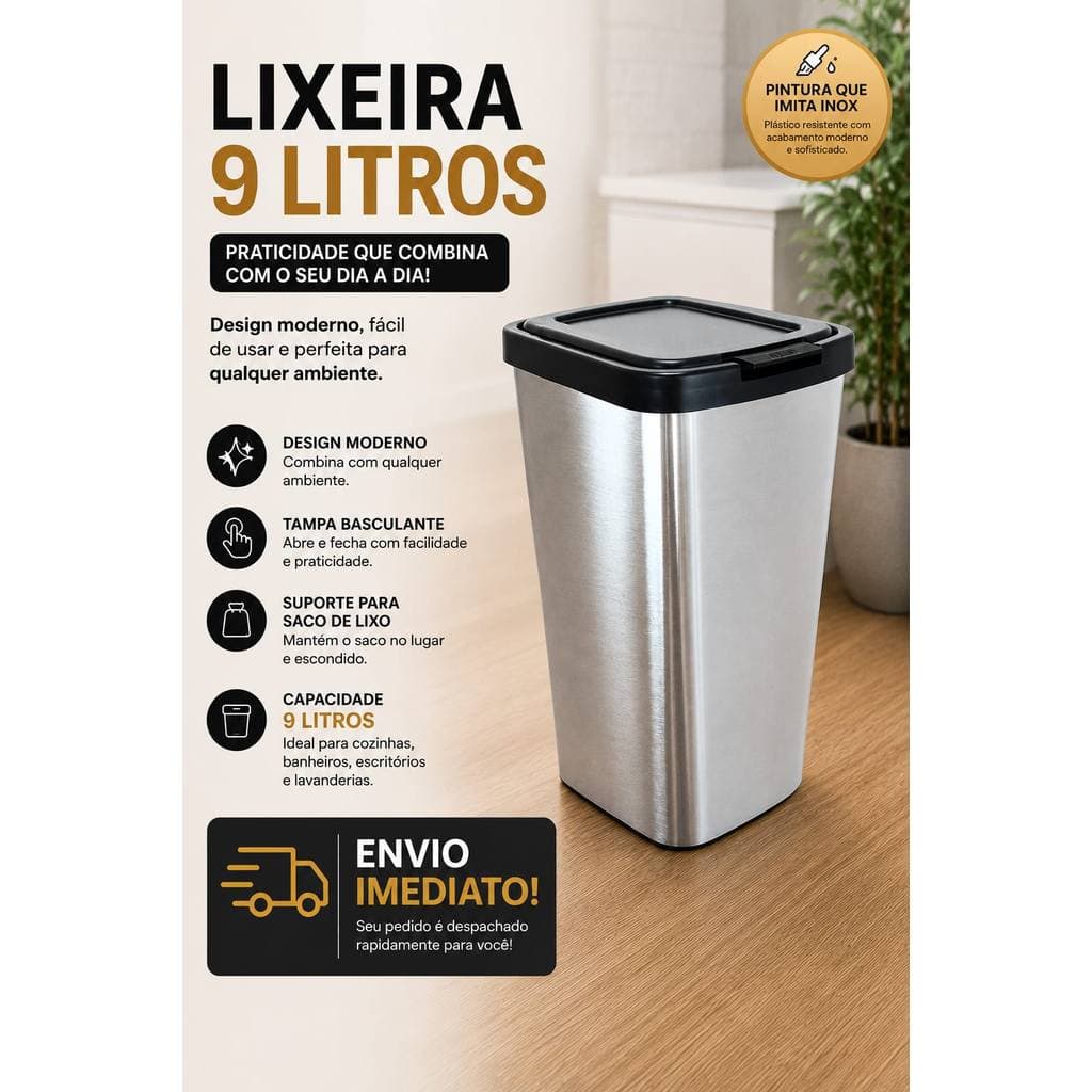 Lixeira Cesto Inox Metalizado 09 Litros Com Tampa Click Label Vermelho Rose Gold Banheiro Cozinha