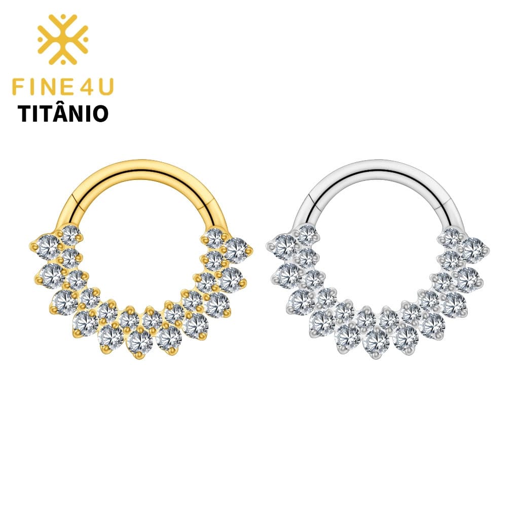 FINE4U Anel à Prova d'Água para Piercing, Joia Septum Daith, Zircônia 5A em Dupla Fileira, 100% Liga de Titânio