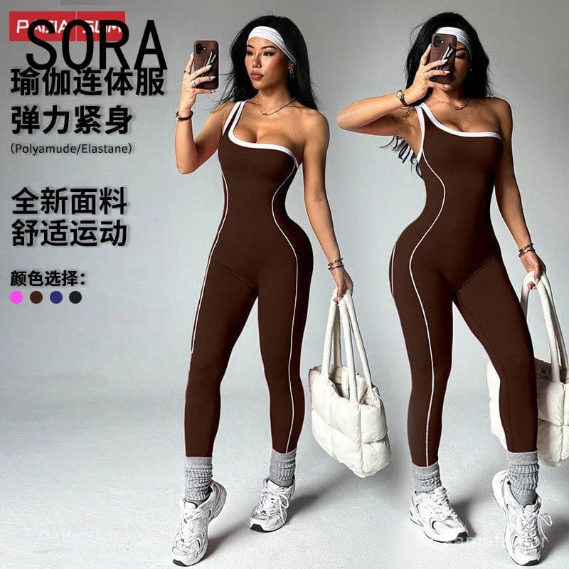 Novo macacão de yoga de um ombro só, com cores contrastantes, ajustado ao corpo, para esportes e fitness feminino.