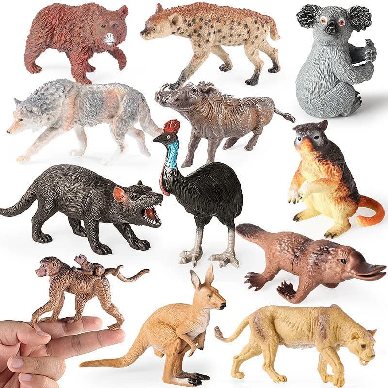 6 modelos clássicos de animais selvagens australianos e africanos: canguru, coala, wombat, hiena, porco-da-terra