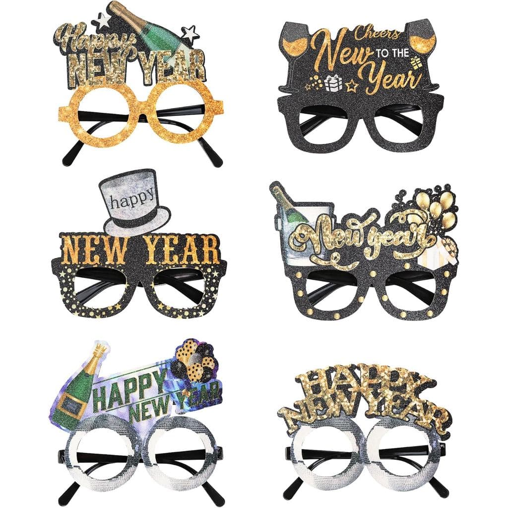 6 PCS Óculos de Ano Novo, Chapéu de Feliz Ano Novo em Forma de Coroa, Óculos de Sol Pretos e Dourados, Acessórios para C