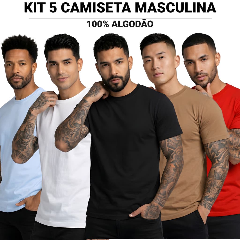 KIT 5 ou 1 Unidade Camiseta Lisa Masculina e Feminina 100% Algodão Slim Premium Básica Casual
