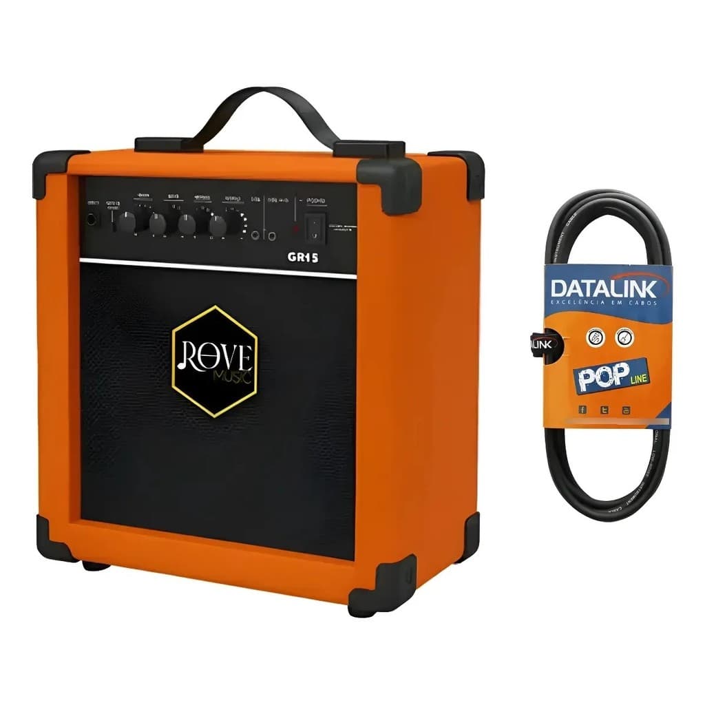 Kit Amplificador Guitarra Rove Music Gr15 Laranja + Cabo Laranja