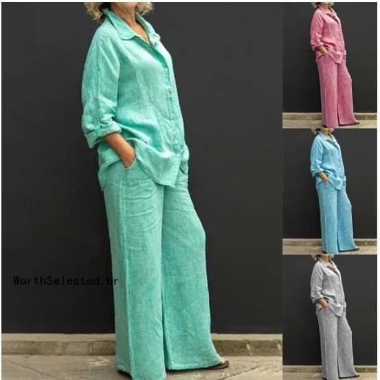 Conjunto de duas peças feminino de linho para o outono, com camisa de gola dobrada, top vintage de cor sólida com botões