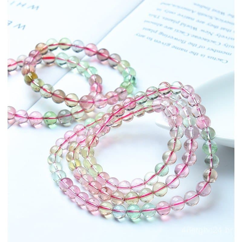Pulseira de turmalina natural premium em cores macaron, com contas de kunzita, pedra do sol dourada e turmalina preta, d