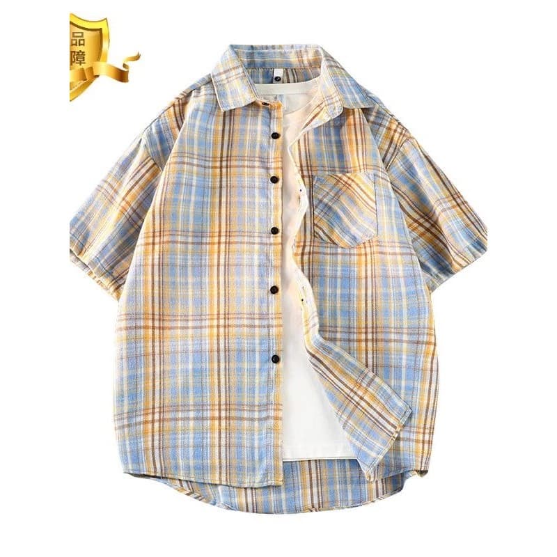 Camisa xadrez de verão masculina japonesa All-Match high-End Casual rufião bonito camisa de alta qualidade puro algodão