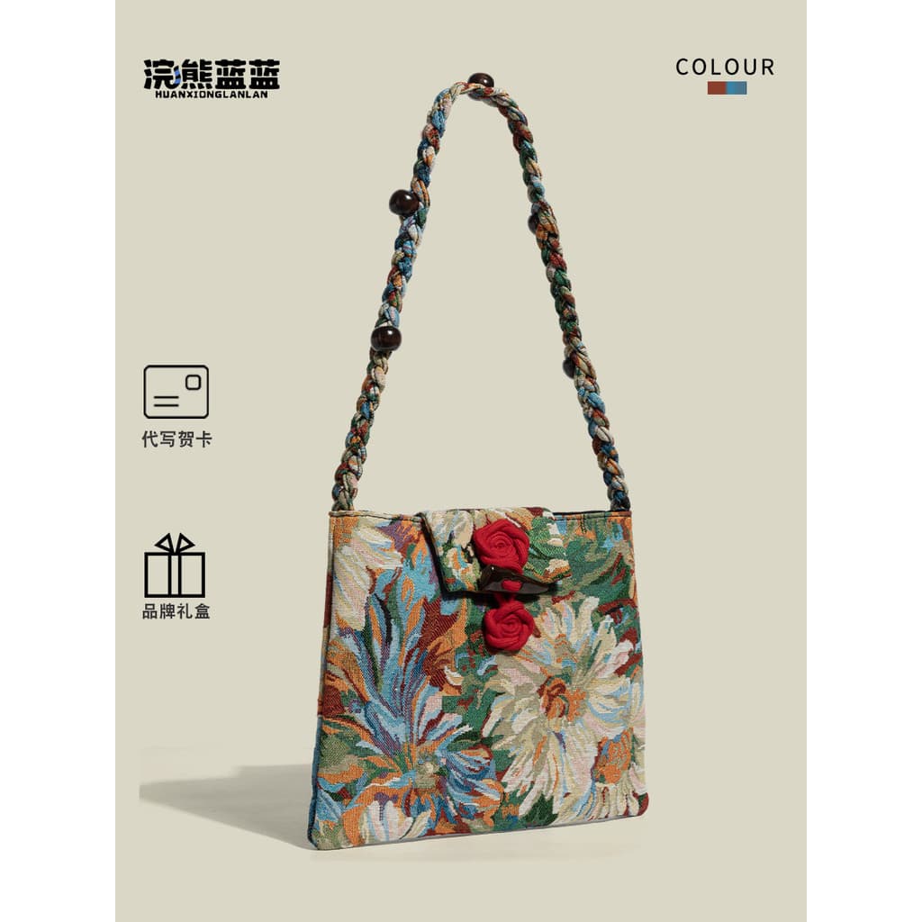 Guaxinim azul novo estilo chinês Monet jardim tecido sacola feminina 2026 primavera verão novo estilo Commuter All-Match