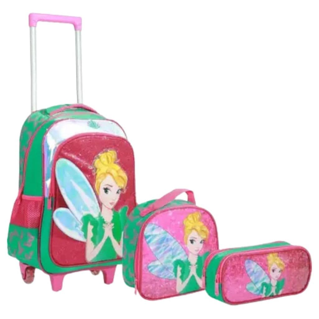 Kit Mochila Rodinhas Fada Infantil Escolar Lancheira Estojo Vermelha