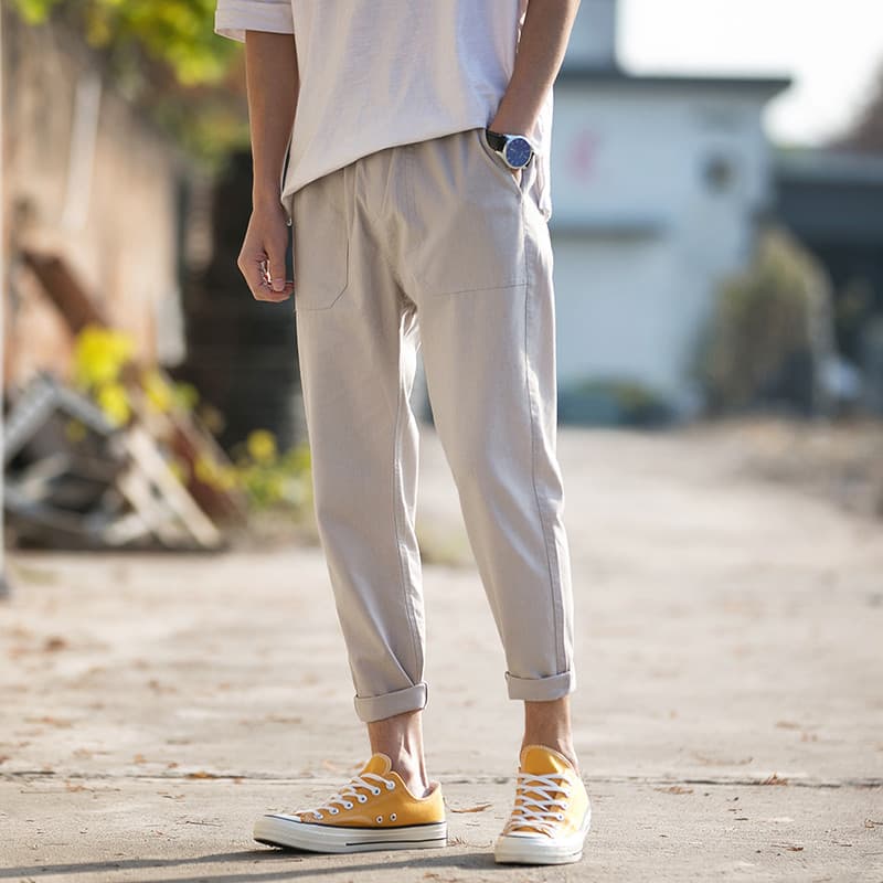 Calças de linho masculinas verão estilo fino estilo japonês algodão linho tornozelo comprimento calças casuais masculina