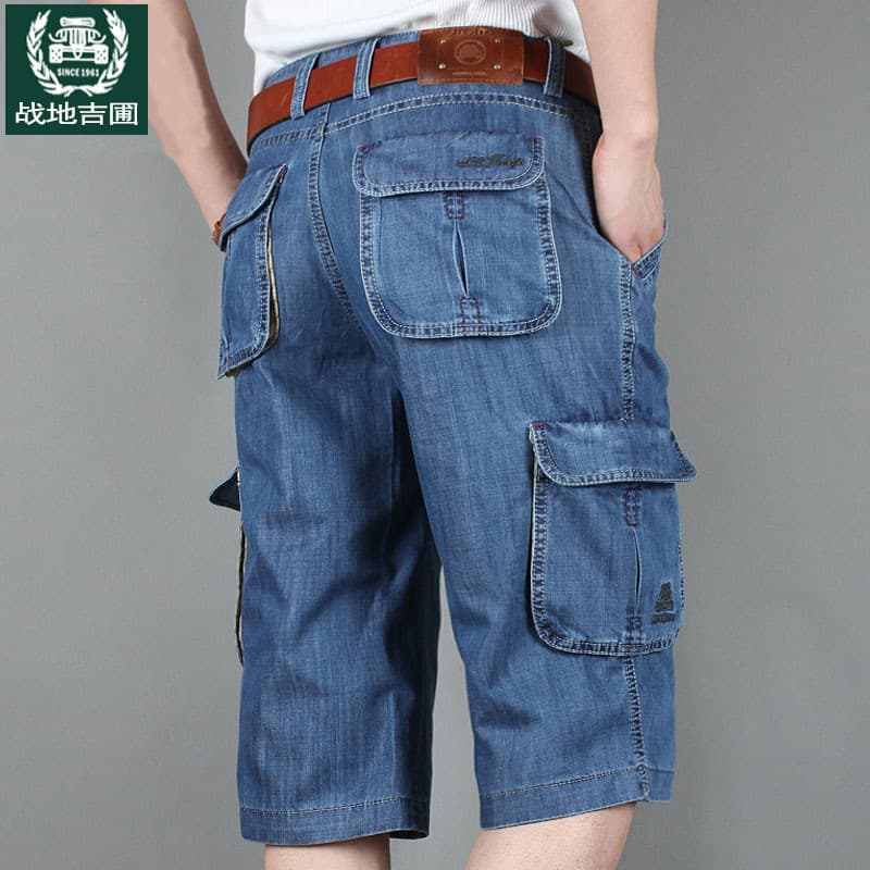 Calças cortadas jeans masculinas cintura alta solta tamanho grande Shorts retos verão lavado Multi-bolso macacão Casual