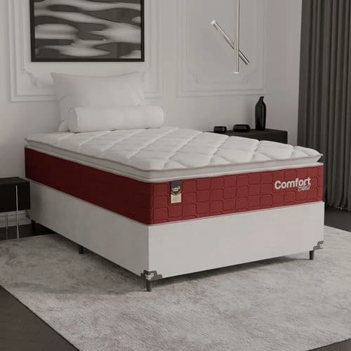 Cama Box Viúva + Colchão Comfort Class Pillow Top 128x188  Vinho/suede Branco