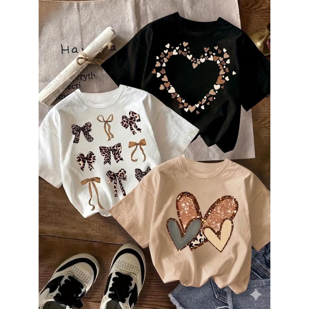Kit 3 Camiseta Blusinha Feminina Algodão Premium Adulto Plus Size Infantil Casual Laços Marrom Corações Meigo casual M15