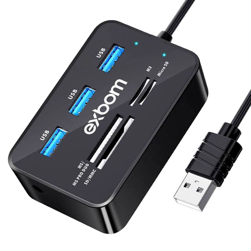 Hub USB com Leitor de Cartão 7 em 1 c/ 3 portas USB 2.0 M2 MMC MS Duo SD/SDHC Micro SD Exbom UH-R230