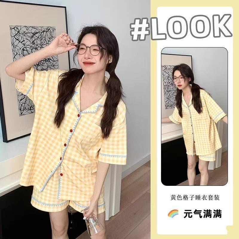 Yello Xadrez Colud Algodão Pijamas Feminino Verão Macio Para Mulher Manga Curta Tiros