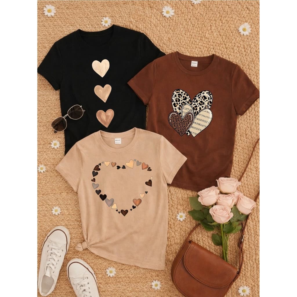 Kit 3 Blusas Femininas 100% Algodão – Confortáveis, Macias, Estampas de Coração, Casual e Moderna P M G GG