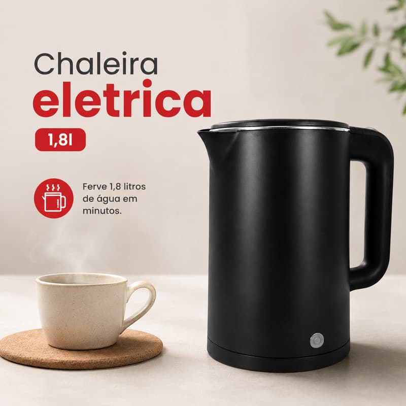 Chaleira Elétrica 1,8L Xaleira Preta Moderna Jarra Elétrica Inox Chaleira de Fervura Rápida Agratto