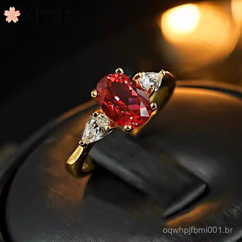 ❤ Luxo francês Retro clássico rubi anel chinês vermelho banhado a ouro diamante anel de casamento jóias femininas