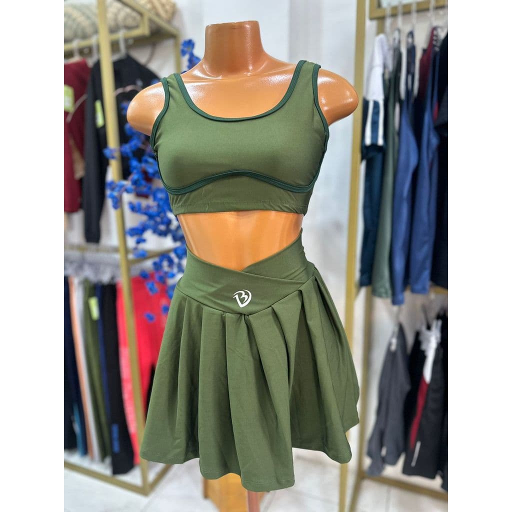 Conjunto Short  Saia Cintura Alta Bevix Top Recorte Moderno Alca Reforçada