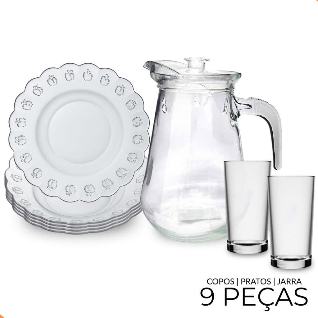Aparelho de Jantar em Vidro 9 Peças com Jarra – Pratos e Copos Elegantes para Mesa Posta