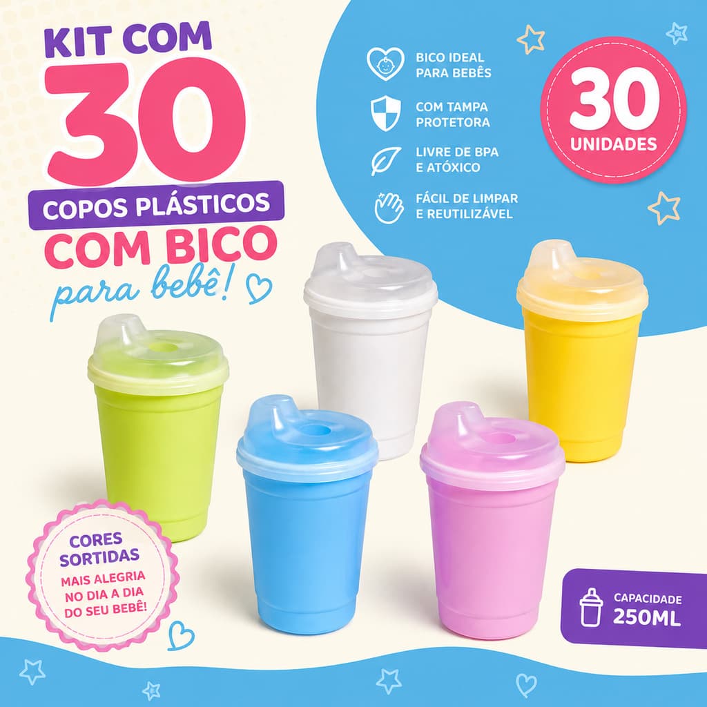 30 Copinho com tampa e bico infantil plástico 250 ml BPA FREE kids bebê criança escola creche maternidade mamadeira
