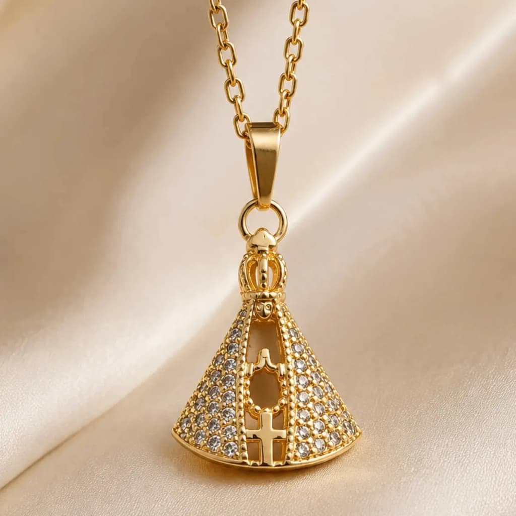 Colar Nossa Senhora Aparecida Cravejado Banhado Ouro 18k