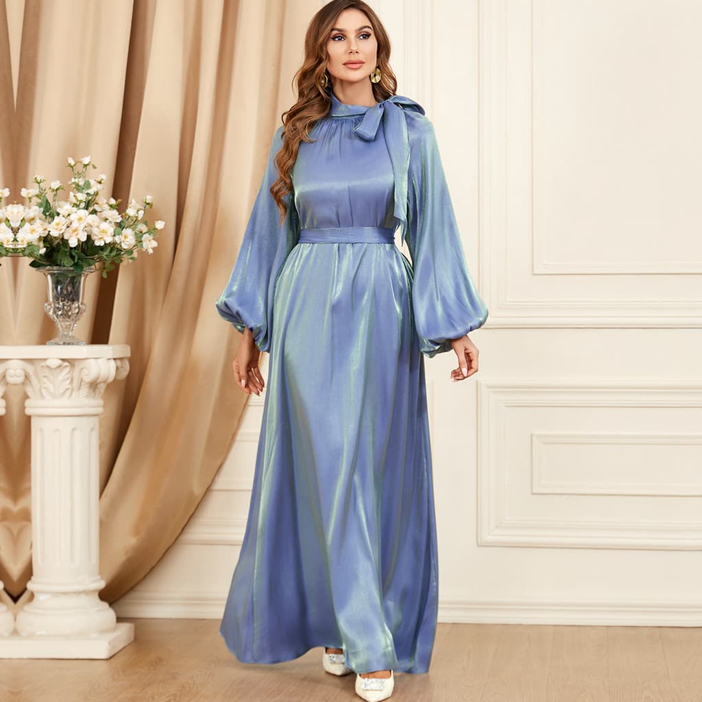Novo Árabe Feminino Gaun panjiang Cor Sólida Manga Longa Gravata Cintura Vestido Europeu Americano