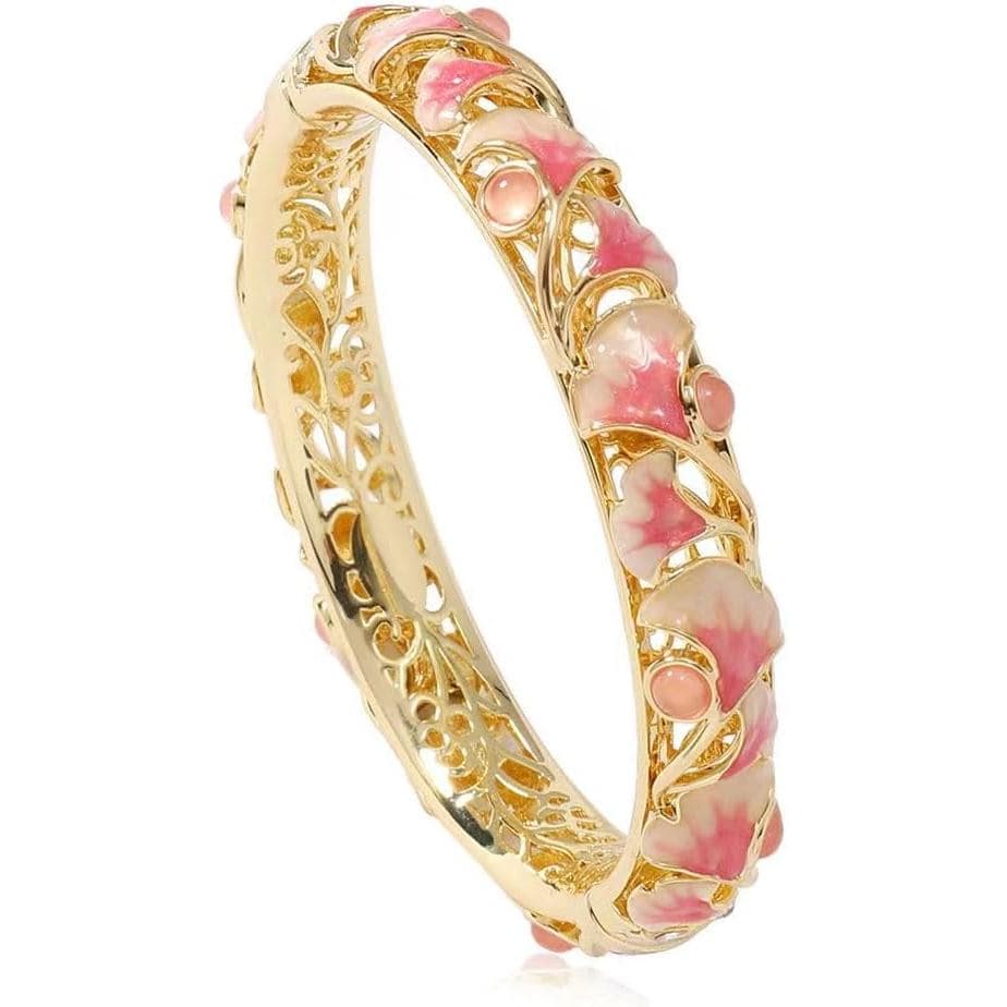 Pulseira Cloisonné, Pulseira Esmaltada, de Folha de Ginkgo Rosa e Roxa, Pulseiras Tradicionais de Cloisonné Es