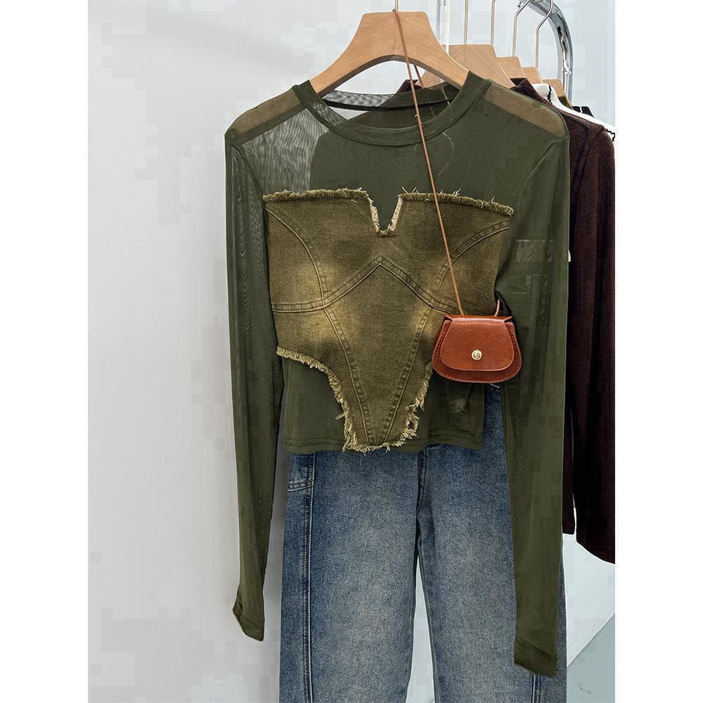 Y americano Retro manga comprida camiseta feminina malha costura Denim mais magro olhar High-End ligeiramente transparen