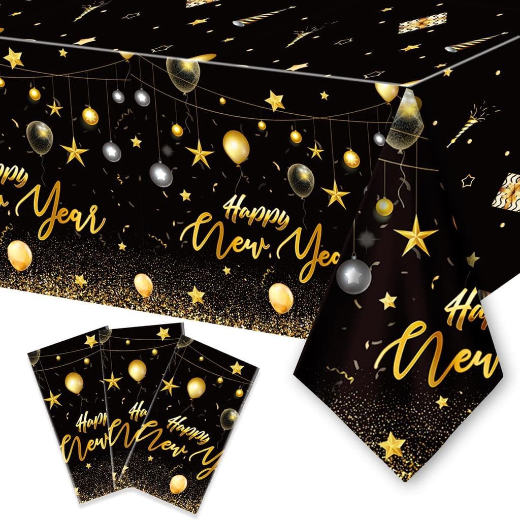 3PCS Happy New Year Tablecloth, Disposable Black Gold NYE Decorations, Rectangular Plastic Table Cover for Birthday and
