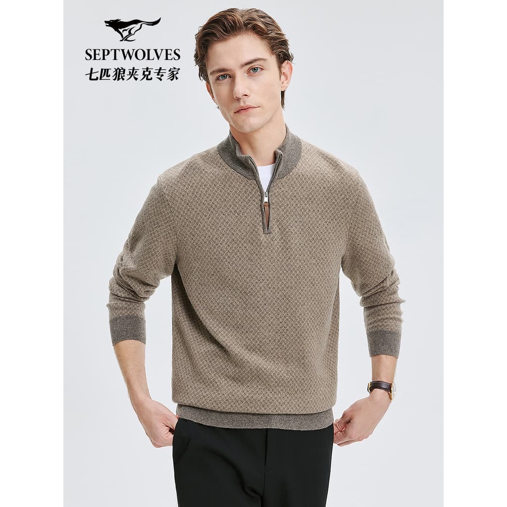 [Lã de fio Floral] Sete lobos meio alto zíper suéter masculino 2025 inverno novo estilo moda retrô suéter
