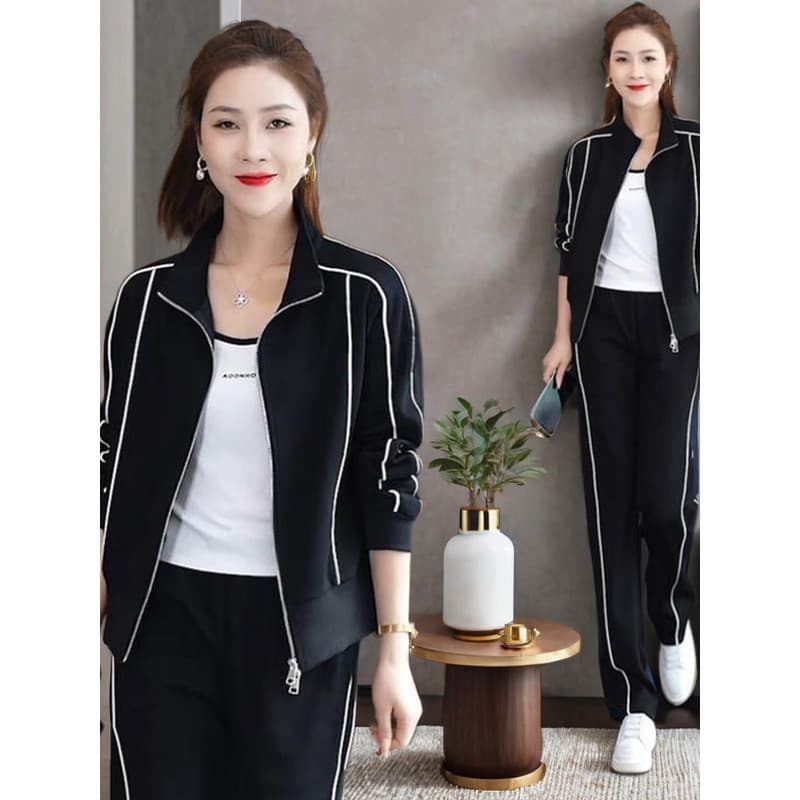Moda frito rua Casual calças de perna larga usar terno primavera outono inverno Cardigan gola alta zíper topo roupas fem
