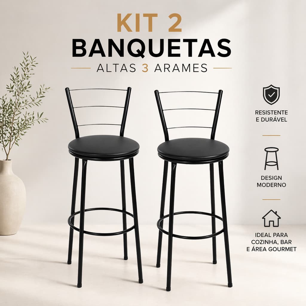 Kit 2 Banquetas Altas 3 Arames Ferro Cozinha Balcão Bar Bancada Gourmet Industrial Moderna Resistente