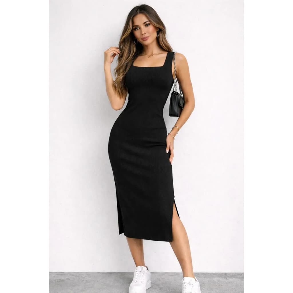 Vestido Preto Midi Decote Quadrado Com Fenda E Alça Larg