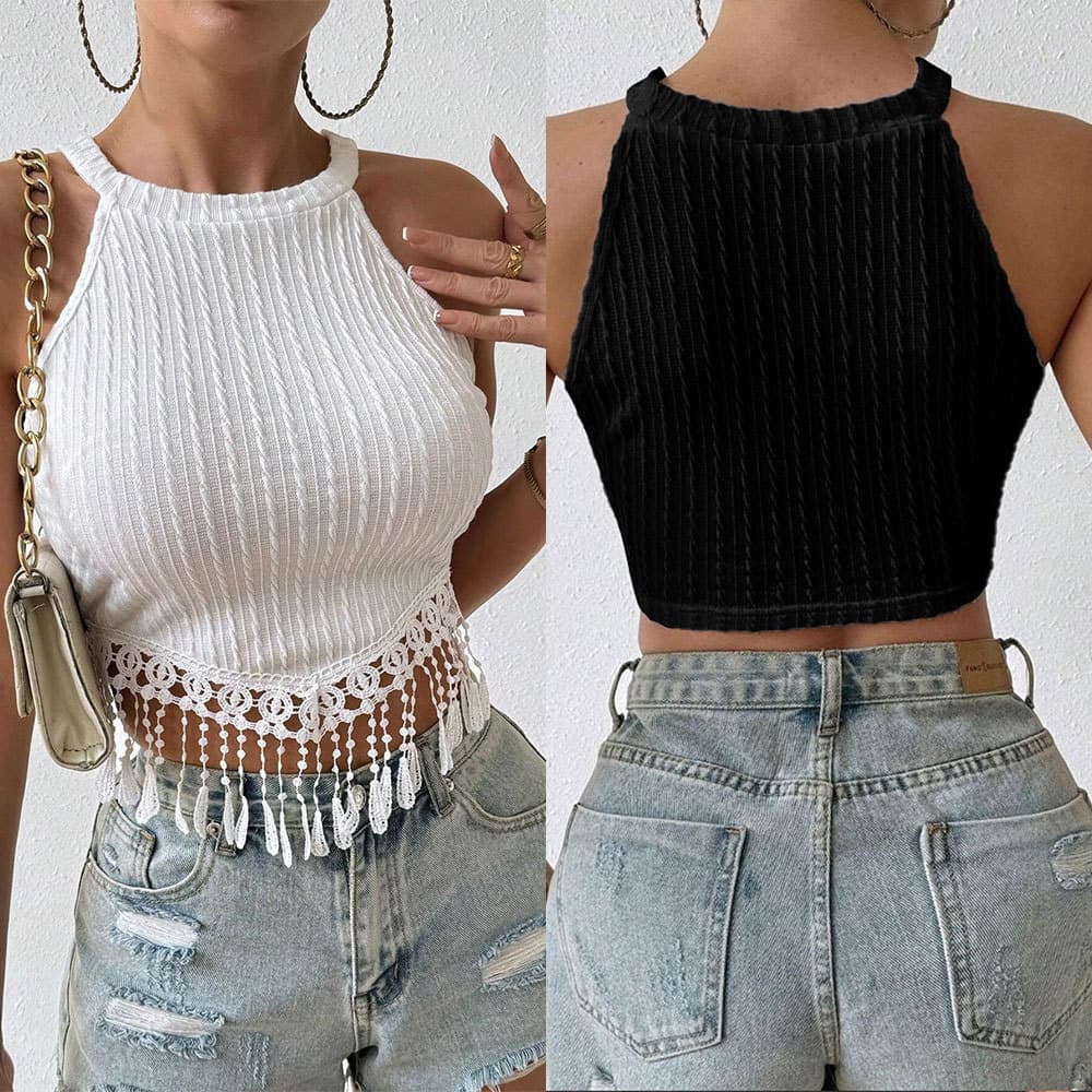 Primavera verão novo estilo elegante borla colete curto fino-ajuste mais magro olhar recortado topo