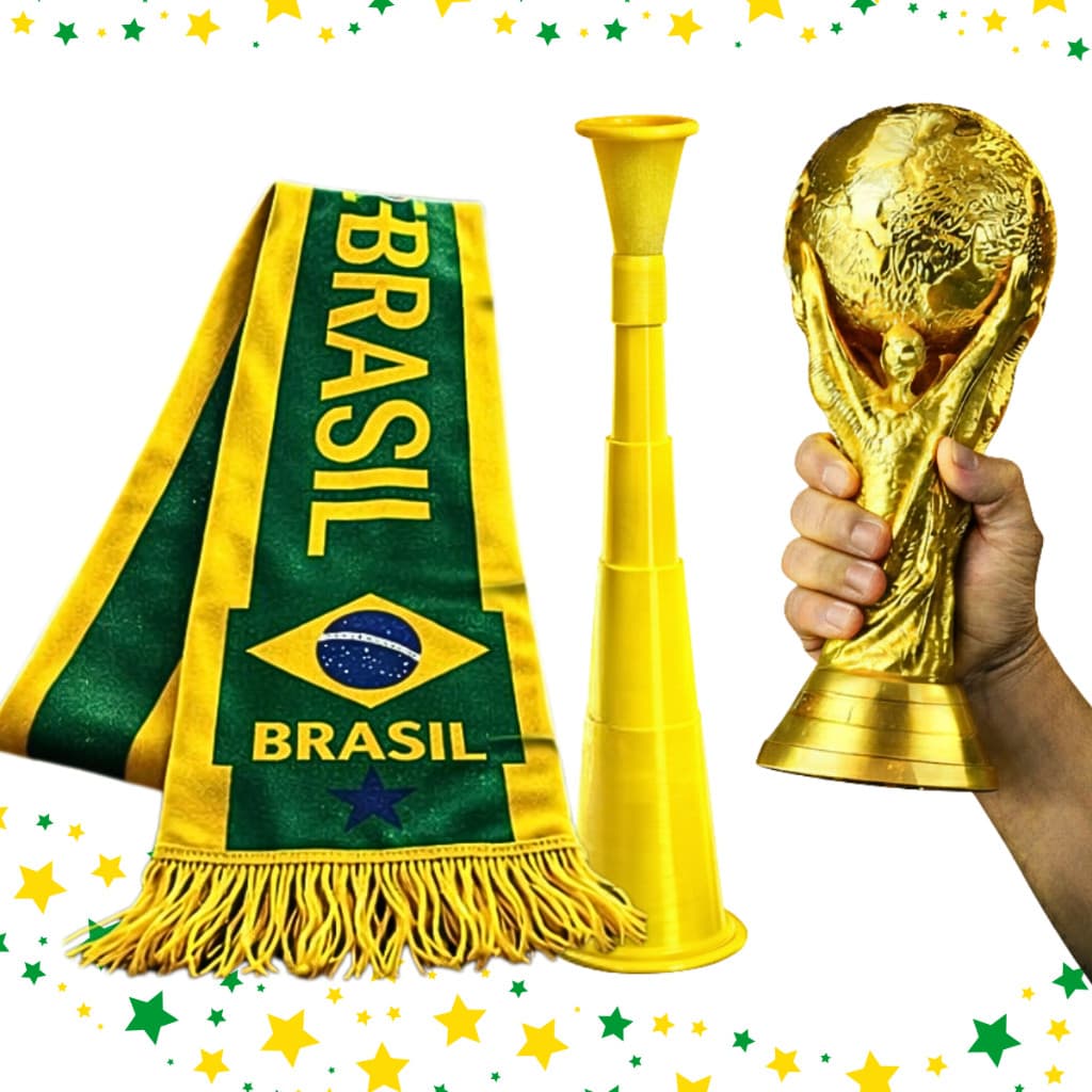 Kit Torcida Brasil Copa do Mundo Cachecol Helanca Premium Vuvuzela e Taça Hexa