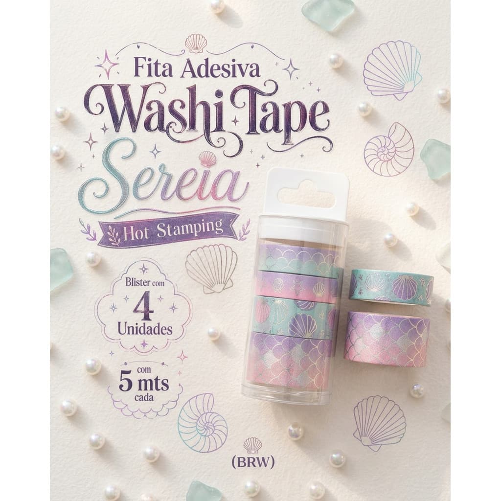 Fita Decorativa Washi Tape Coleção Sereia BRW - Blister com 4 Unidades – 5 Metros Cada Rolo