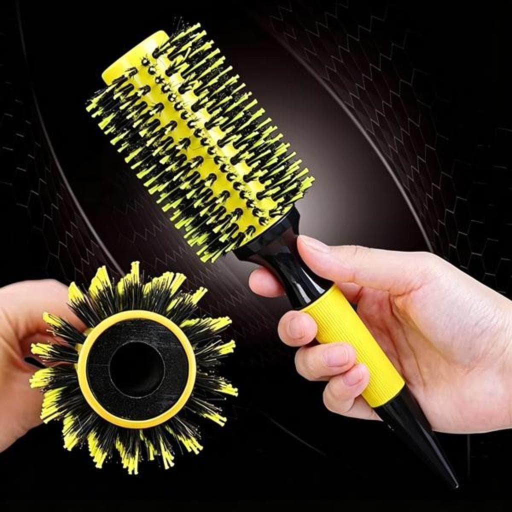 Escova De Cabelo Térmica Amarela Cerdas De Javali Mista Madeira