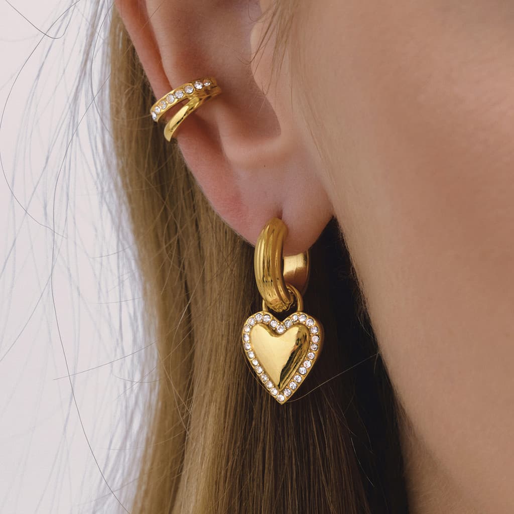 Brincos femininos banhados a aço inoxidável 18K ouro hipoalergênico não desbotado strass amor coração brincos