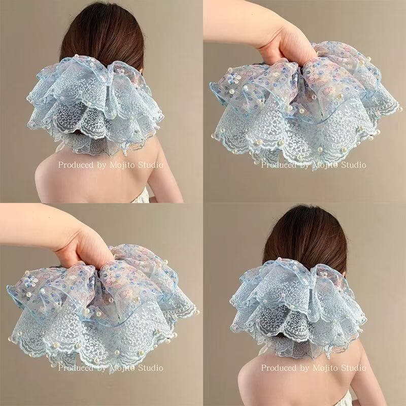 Scrunchie De Pérola De Renda De Camada Dupla De Malha De Verão De Hortelã Para Mulheres , Acessório De Cabelo De Viagem