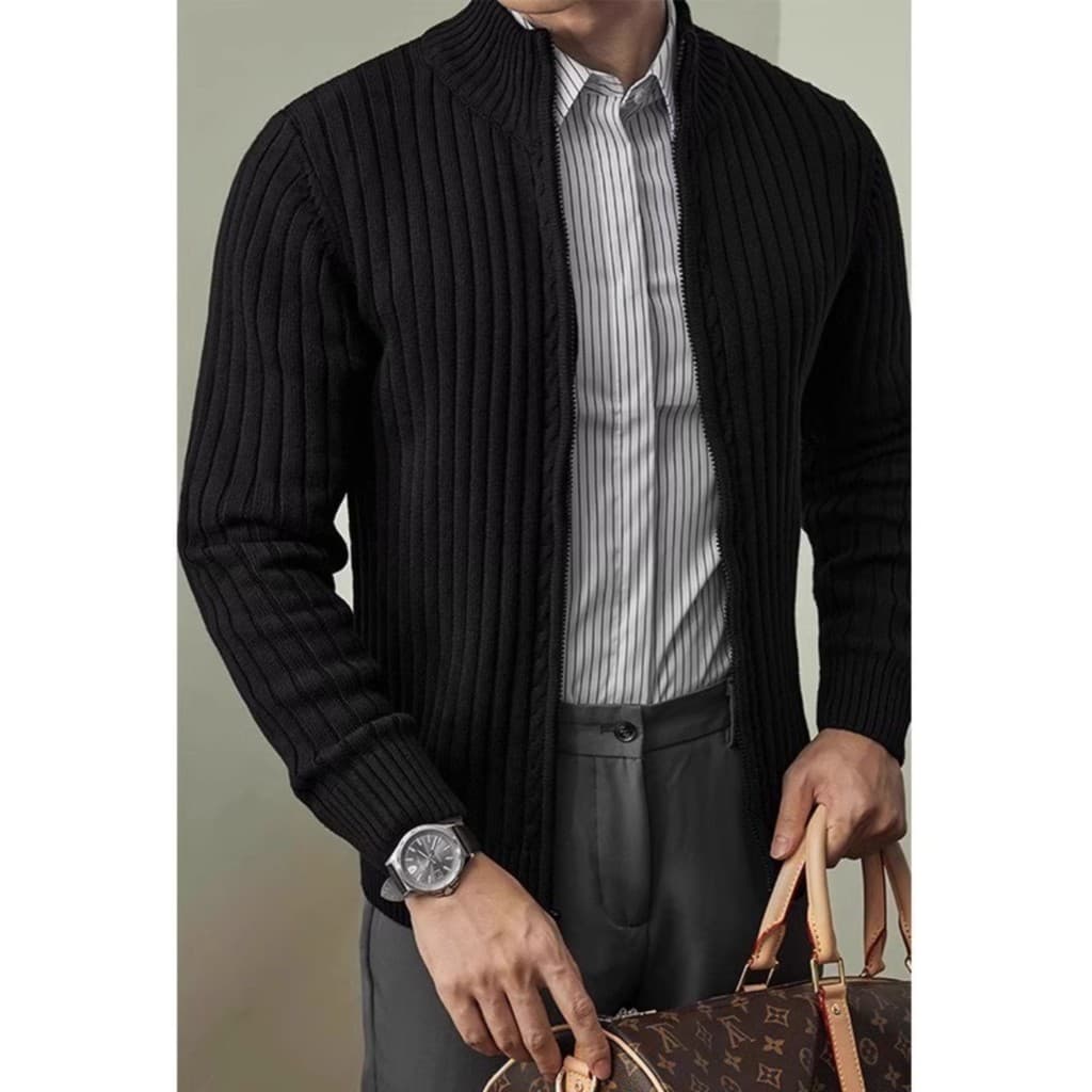 2024 outono inverno zíper gola alta Cardigan de malha preto fino ajuste de manga comprida masculino