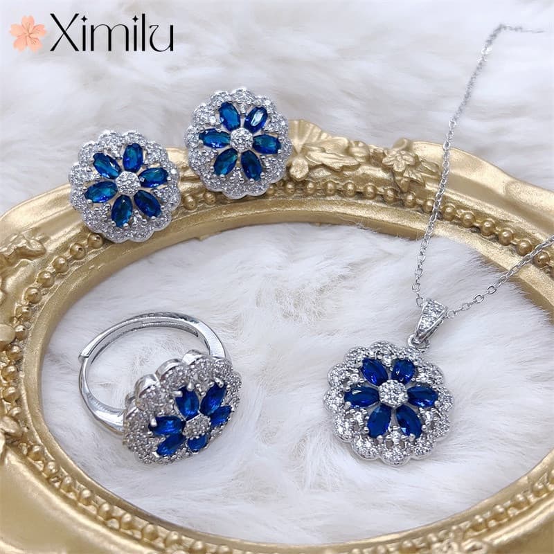 ♥ Original safira colorido conjunto de jóias flor anel prata colar 925 brincos temperamento feminino All-Match requintad