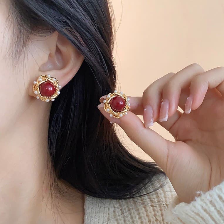 S925 prata agulha Retro borgonha brincos estilo Hong Kong geométrico High-End sentimento 2024 novo estilo na moda francê